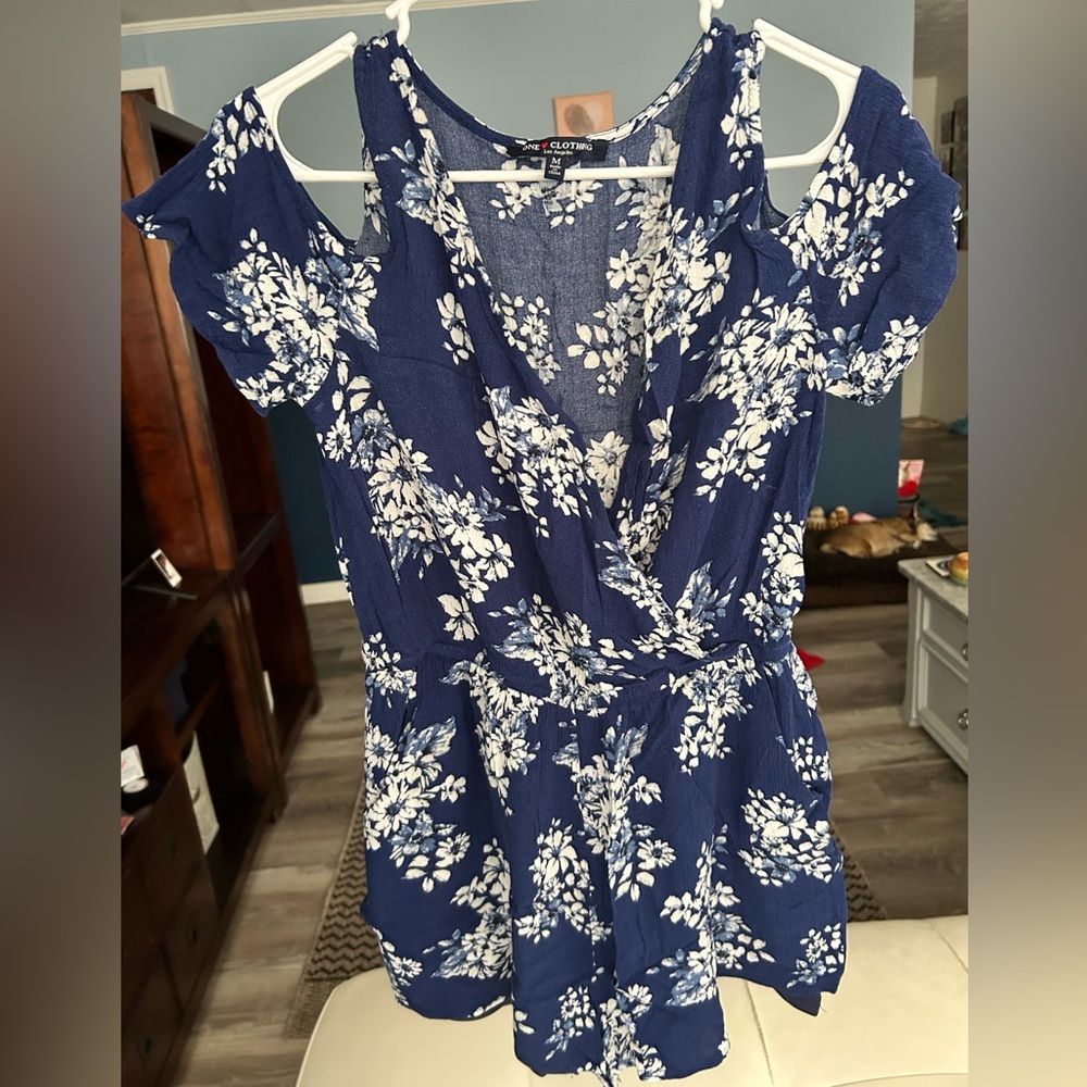 Blue and White Romper with Cut Out Sleeves